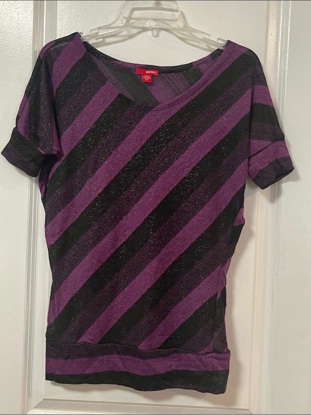 NWOT Bongo Asymmetrical Purple Black Striped Top Banded Waist Vintage S